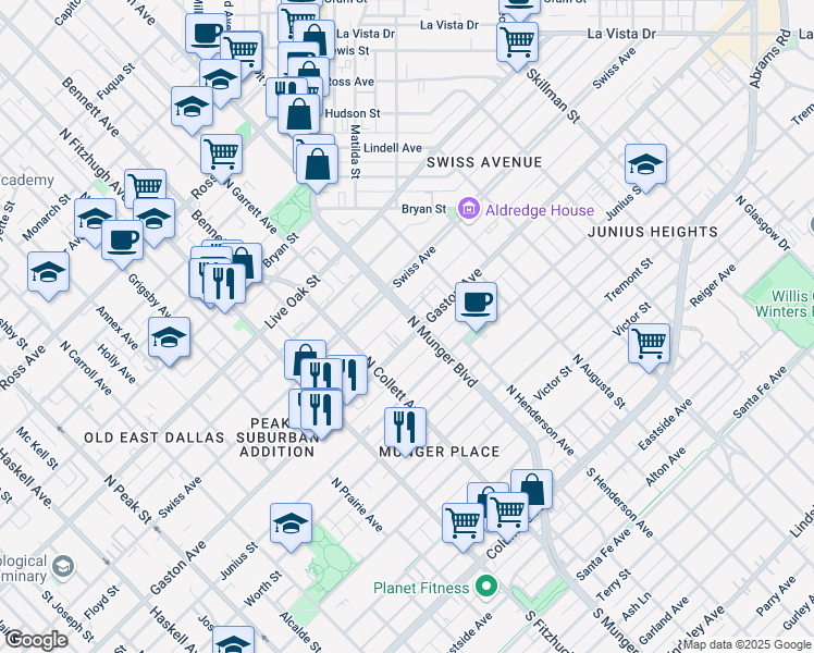 map of restaurants, bars, coffee shops, grocery stores, and more near 107 North Munger Boulevard in Dallas