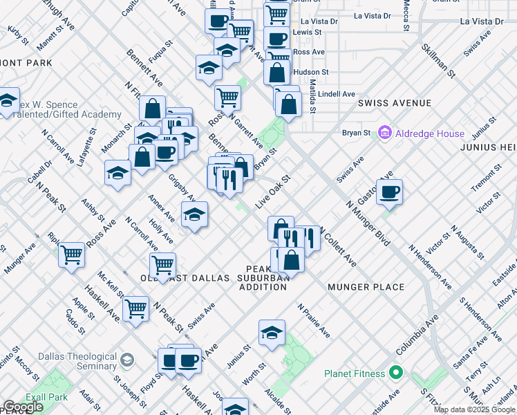 map of restaurants, bars, coffee shops, grocery stores, and more near 4909 Live Oak Street in Dallas