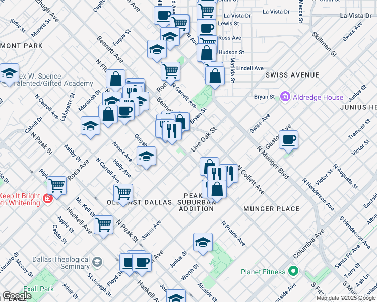 map of restaurants, bars, coffee shops, grocery stores, and more near in Dallas