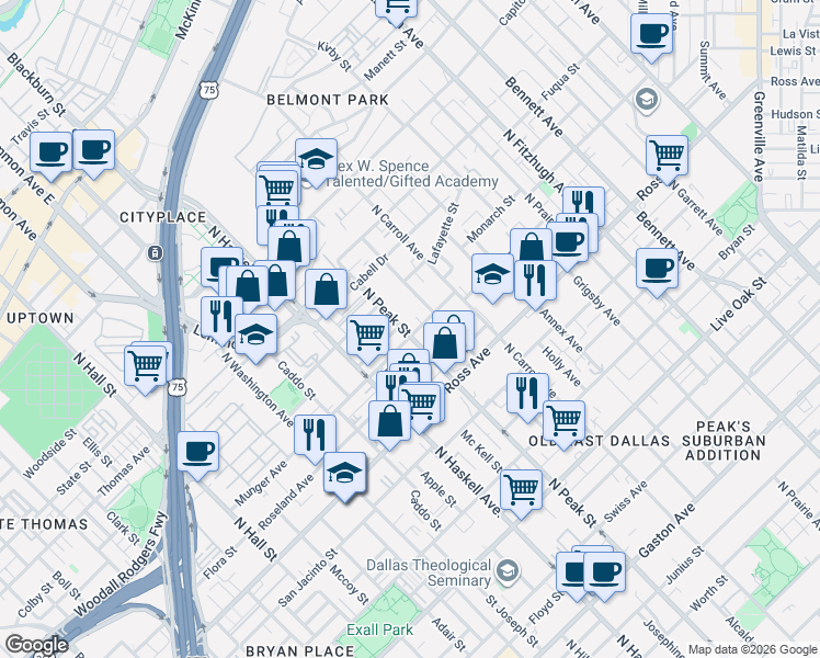map of restaurants, bars, coffee shops, grocery stores, and more near 1920 North Peak Street in Dallas