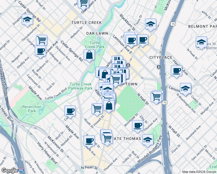 map of restaurants, bars, coffee shops, grocery stores, and more near in Dallas