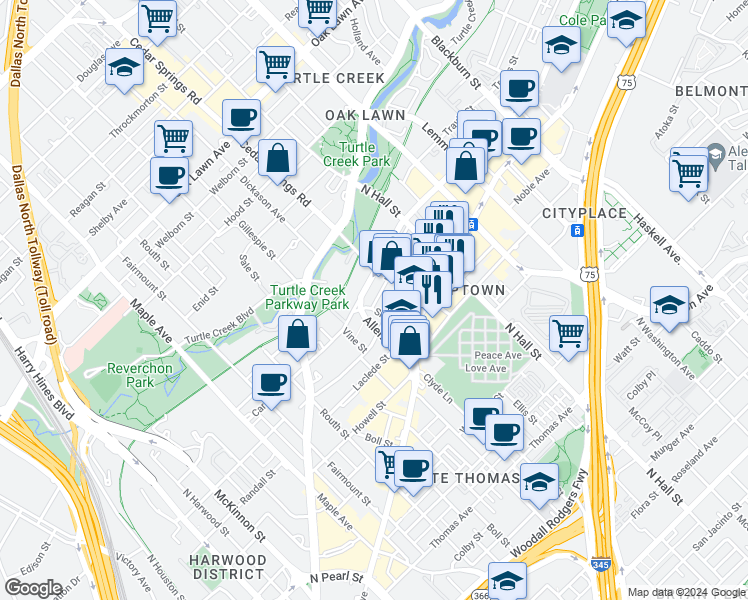 map of restaurants, bars, coffee shops, grocery stores, and more near 3100 Carlisle Street in Dallas