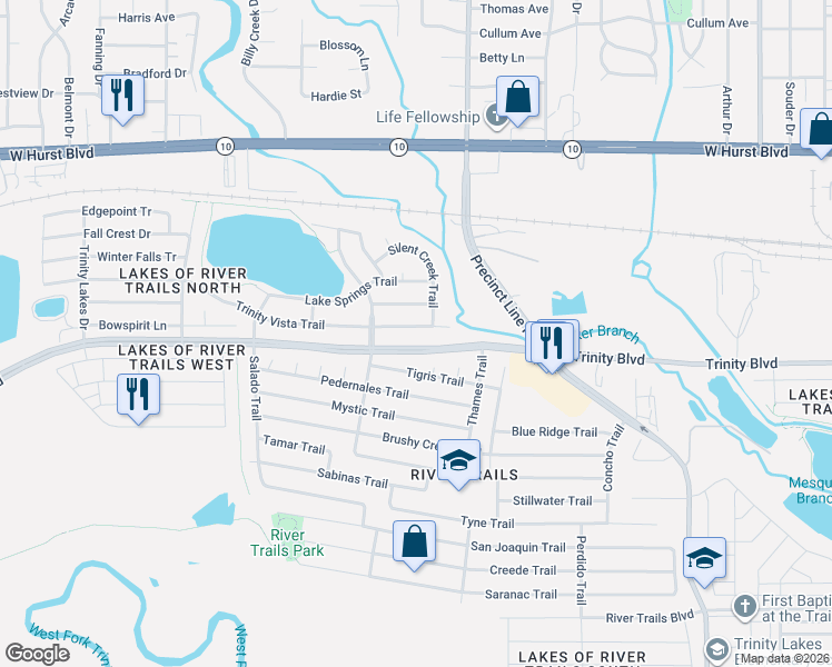 map of restaurants, bars, coffee shops, grocery stores, and more near 8749 Trinity Vista Trail in Hurst