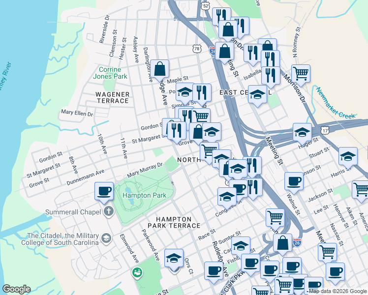 map of restaurants, bars, coffee shops, grocery stores, and more near 79 Grove Street in Charleston