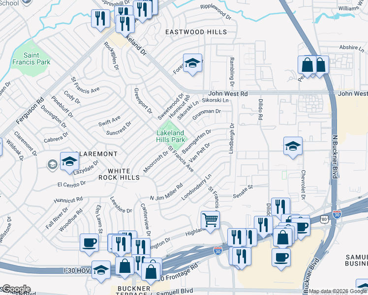 map of restaurants, bars, coffee shops, grocery stores, and more near 8509 Baumgarten Drive in Dallas