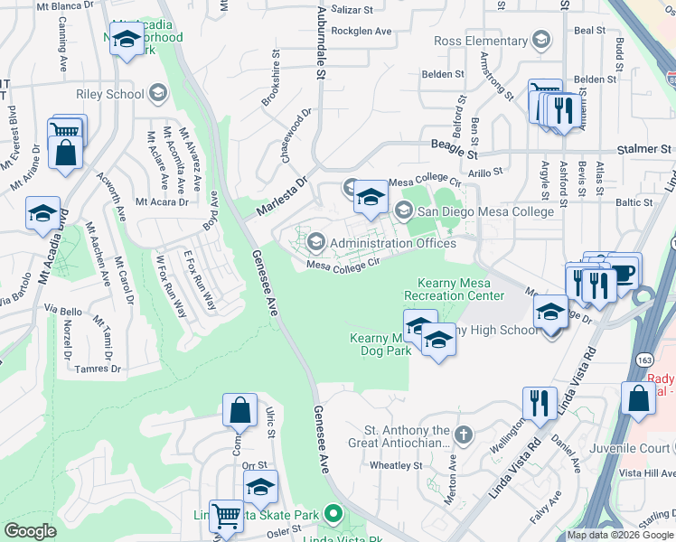 map of restaurants, bars, coffee shops, grocery stores, and more near 7200-7298 Mesa College Circle in San Diego