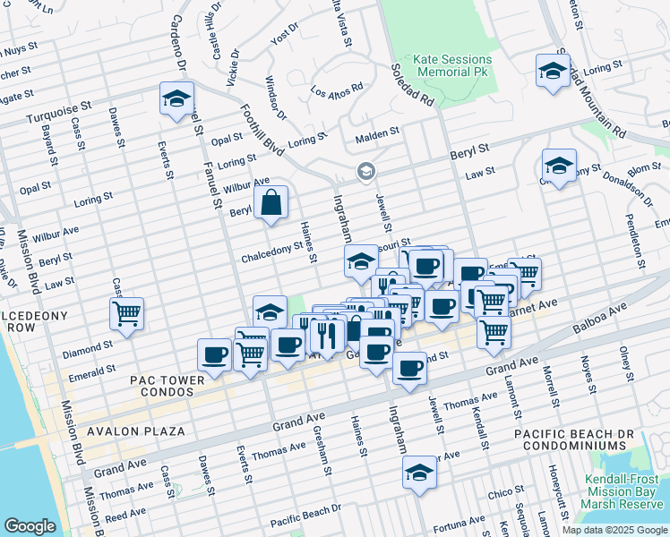 map of restaurants, bars, coffee shops, grocery stores, and more near 1536 Missouri Street in San Diego