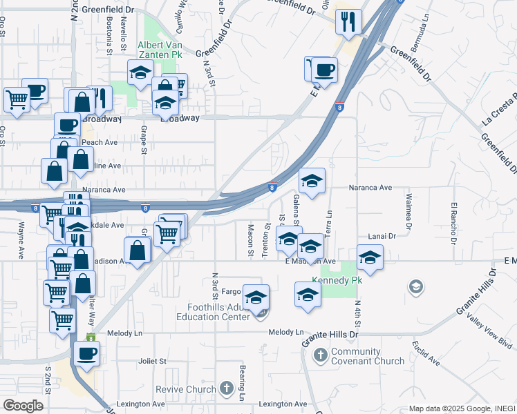 map of restaurants, bars, coffee shops, grocery stores, and more near 648 Trenton Street in El Cajon