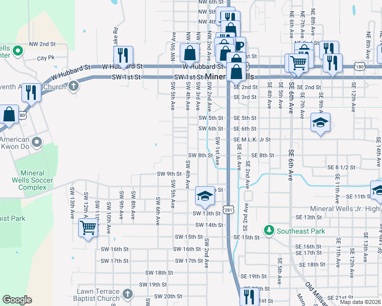 map of restaurants, bars, coffee shops, grocery stores, and more near 810 Southwest 4th Avenue in Mineral Wells