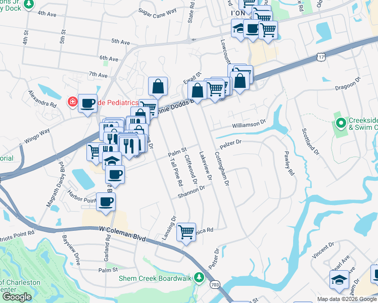 map of restaurants, bars, coffee shops, grocery stores, and more near 945 Cliffwood Drive in Mount Pleasant
