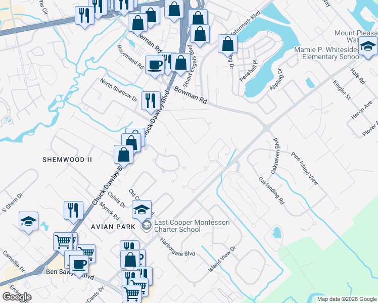 map of restaurants, bars, coffee shops, grocery stores, and more near 1259 Robin Road in Mount Pleasant