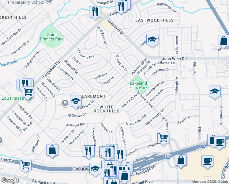 map of restaurants, bars, coffee shops, grocery stores, and more near 8415 Hunnicut Road in Dallas