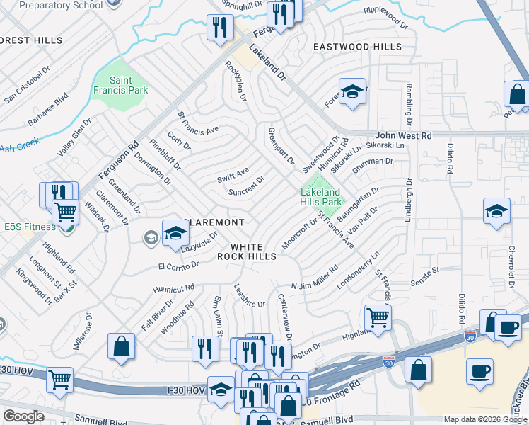 map of restaurants, bars, coffee shops, grocery stores, and more near 8415 Hunnicut Road in Dallas