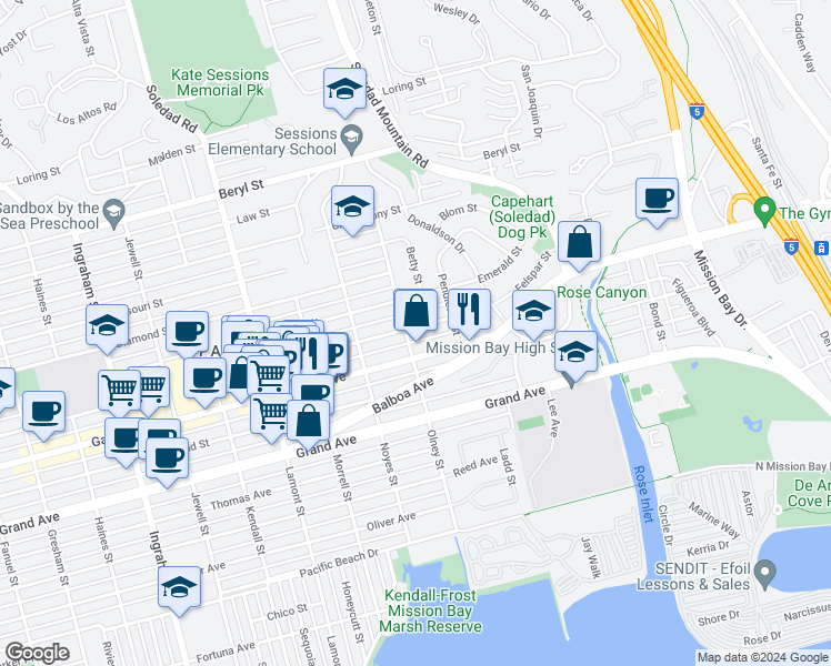 map of restaurants, bars, coffee shops, grocery stores, and more near 2213 Felspar Street in San Diego