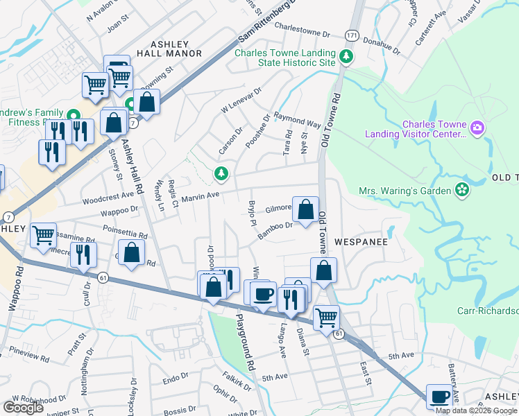 map of restaurants, bars, coffee shops, grocery stores, and more near 1345 Bryjo Place in Charleston