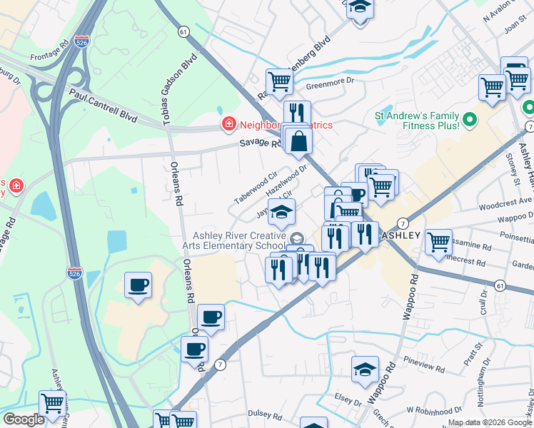 map of restaurants, bars, coffee shops, grocery stores, and more near 1849 Jaywood Circle in Charleston
