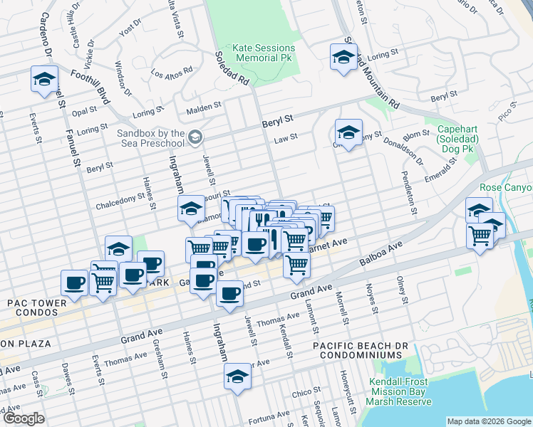 map of restaurants, bars, coffee shops, grocery stores, and more near 1801 Diamond Street in San Diego