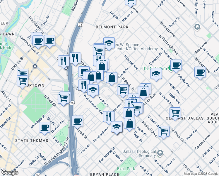 map of restaurants, bars, coffee shops, grocery stores, and more near 2151 North Haskell Avenue in Dallas