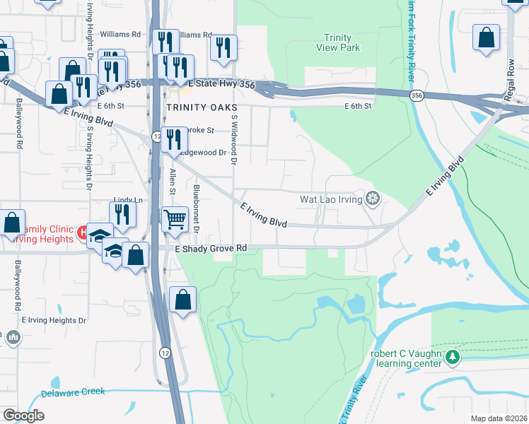 map of restaurants, bars, coffee shops, grocery stores, and more near 2016 East Irving Boulevard in Irving