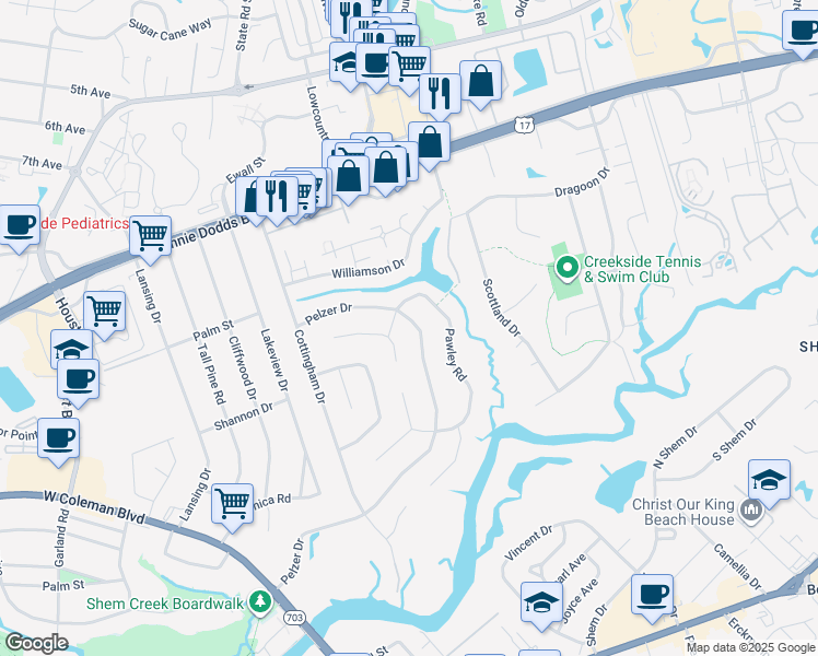 map of restaurants, bars, coffee shops, grocery stores, and more near 659 Pawley Road in Mount Pleasant