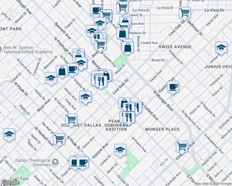 map of restaurants, bars, coffee shops, grocery stores, and more near 4914 Live Oak Street in Dallas