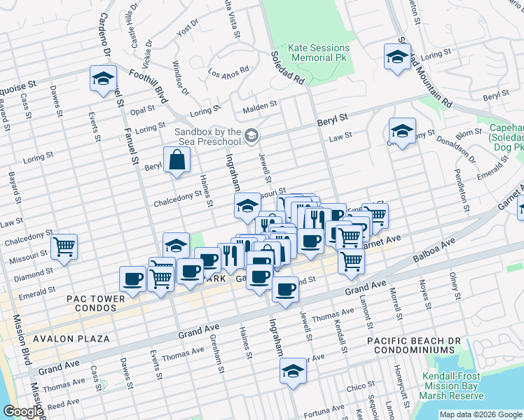 map of restaurants, bars, coffee shops, grocery stores, and more near 1646 Diamond Street in San Diego