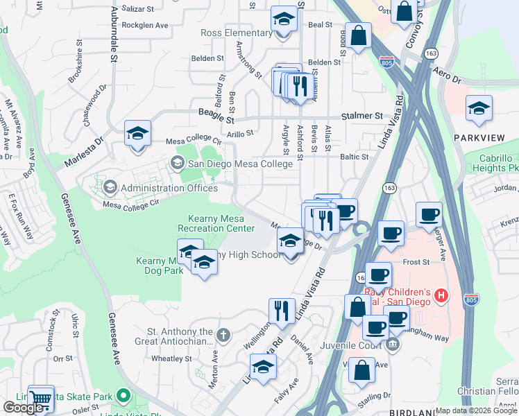 map of restaurants, bars, coffee shops, grocery stores, and more near 3265 Armstrong Street in San Diego