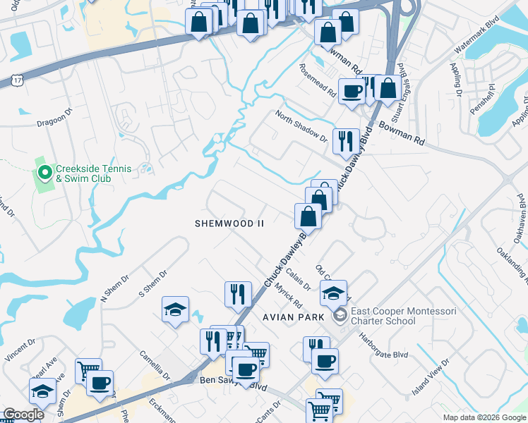 map of restaurants, bars, coffee shops, grocery stores, and more near 926 Sea Gull Drive in Mount Pleasant