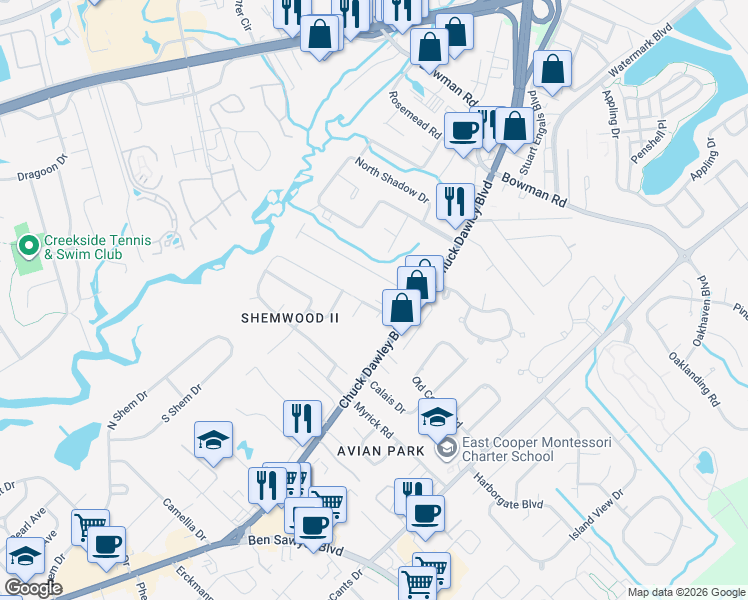 map of restaurants, bars, coffee shops, grocery stores, and more near 1183 Pleasant Pines Street in Mount Pleasant