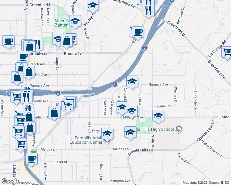 map of restaurants, bars, coffee shops, grocery stores, and more near 1586 Jade Avenue in El Cajon