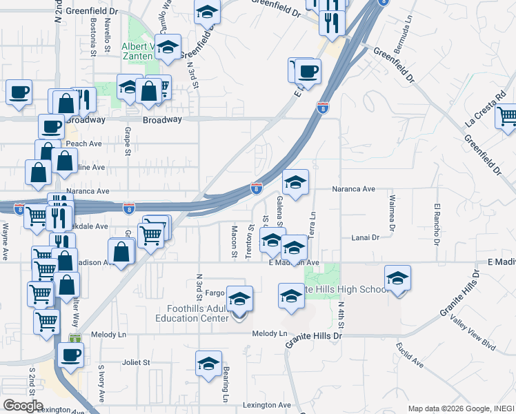 map of restaurants, bars, coffee shops, grocery stores, and more near 1586 Jade Avenue in El Cajon