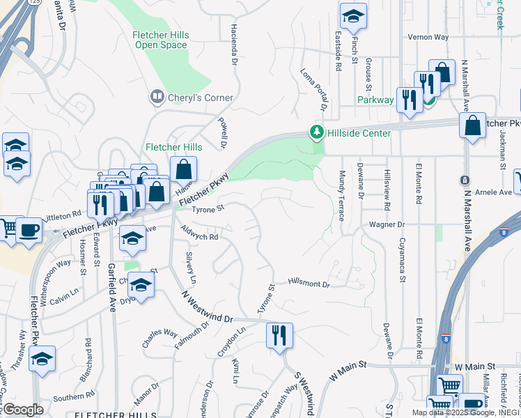 map of restaurants, bars, coffee shops, grocery stores, and more near 1815 Galway Place in El Cajon