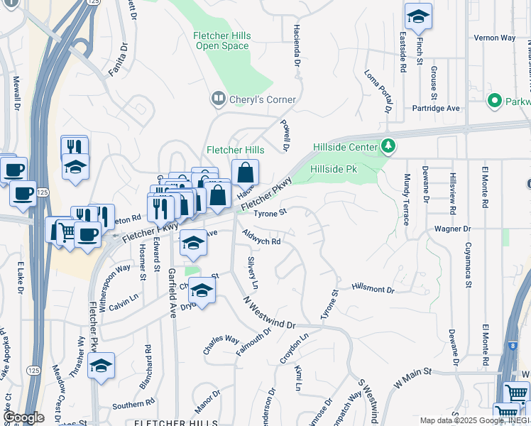 map of restaurants, bars, coffee shops, grocery stores, and more near 695 Tyrone Street in El Cajon