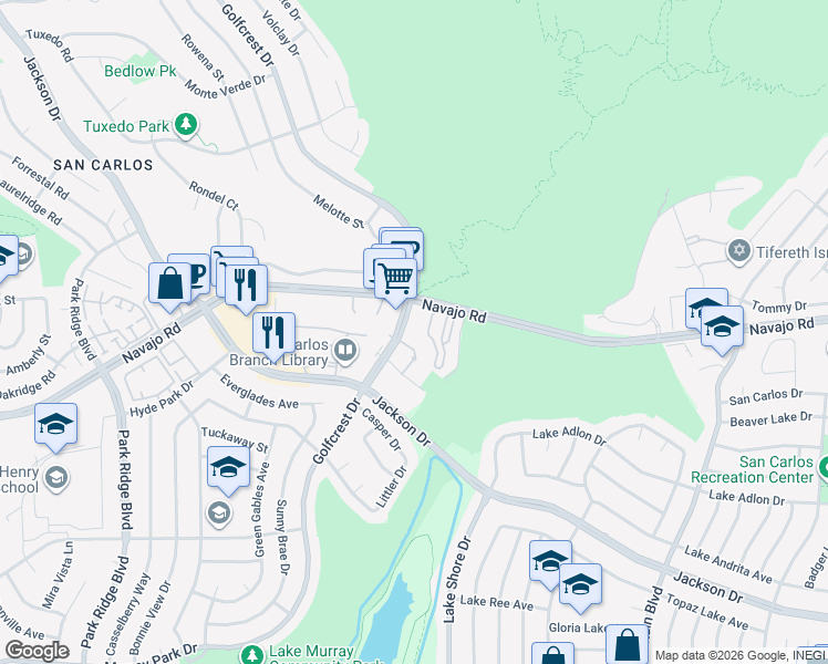 map of restaurants, bars, coffee shops, grocery stores, and more near 7007 Golfcrest Drive in San Diego
