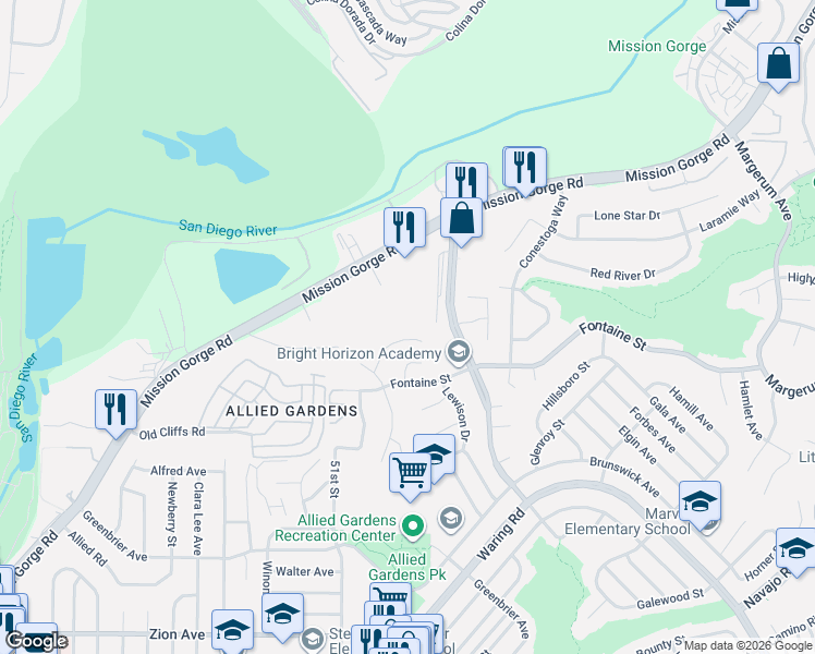 map of restaurants, bars, coffee shops, grocery stores, and more near 7411 Katelyn Court in San Diego