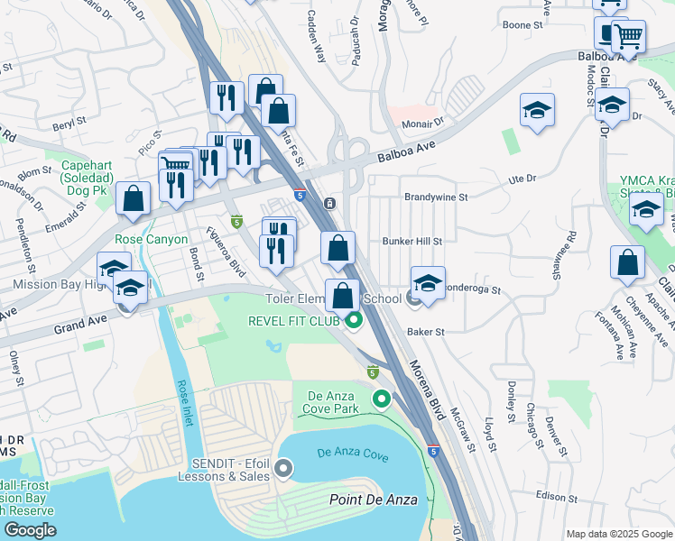 map of restaurants, bars, coffee shops, grocery stores, and more near 3600 Morena Boulevard in San Diego