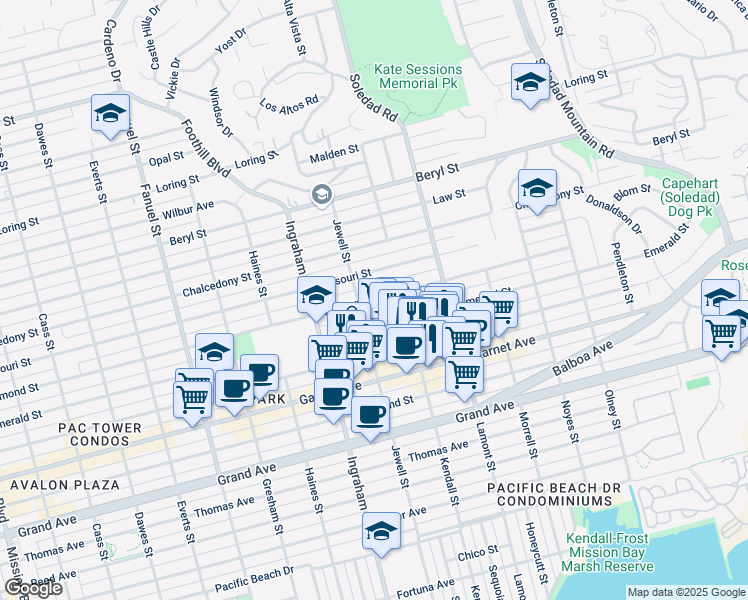 map of restaurants, bars, coffee shops, grocery stores, and more near 1760 Diamond Street in San Diego