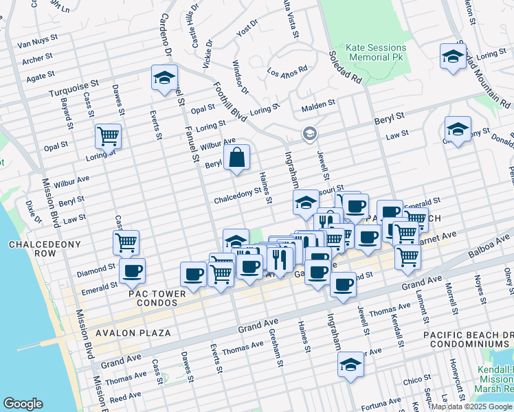 map of restaurants, bars, coffee shops, grocery stores, and more near 1463 Chalcedony Street in San Diego