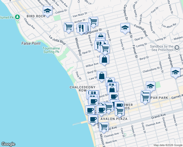map of restaurants, bars, coffee shops, grocery stores, and more near 844 Beryl Street in San Diego