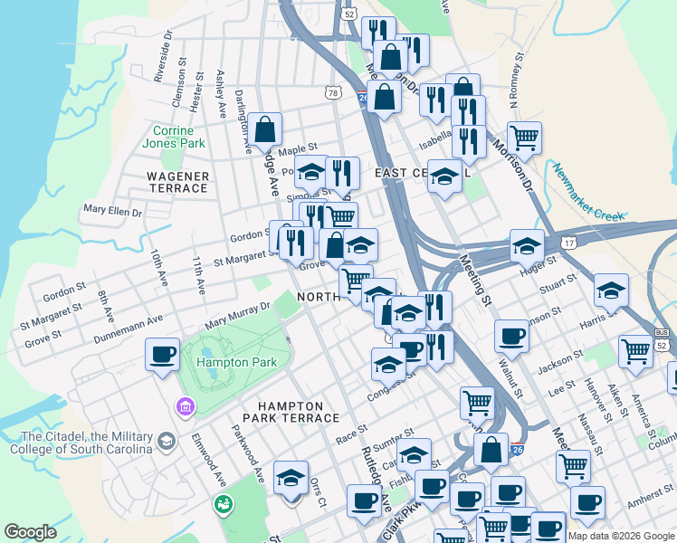 map of restaurants, bars, coffee shops, grocery stores, and more near in Charleston