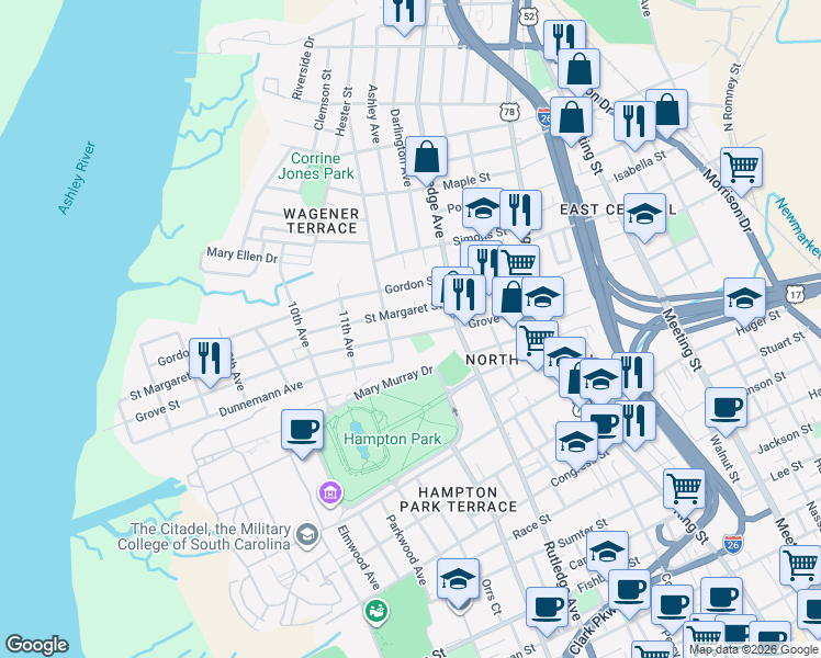 map of restaurants, bars, coffee shops, grocery stores, and more near 47 Saint Margaret Street in Charleston