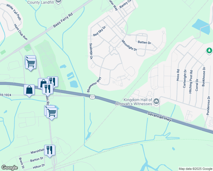 map of restaurants, bars, coffee shops, grocery stores, and more near 1674 Bluewater Way in Charleston