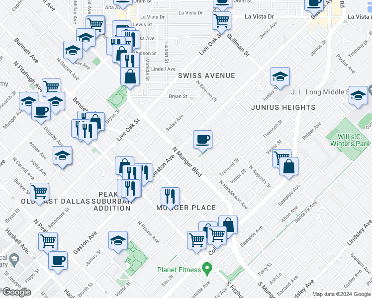 map of restaurants, bars, coffee shops, grocery stores, and more near 5300 Gaston Avenue in Dallas