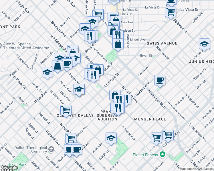 map of restaurants, bars, coffee shops, grocery stores, and more near 4936 Live Oak Street in Dallas