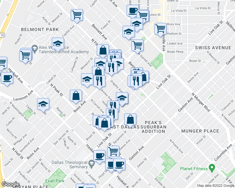 map of restaurants, bars, coffee shops, grocery stores, and more near 4622 San Jacinto Street in Dallas