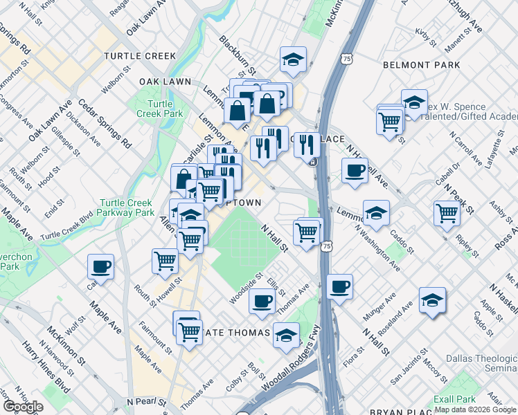 map of restaurants, bars, coffee shops, grocery stores, and more near 3433 Howell Street in Dallas