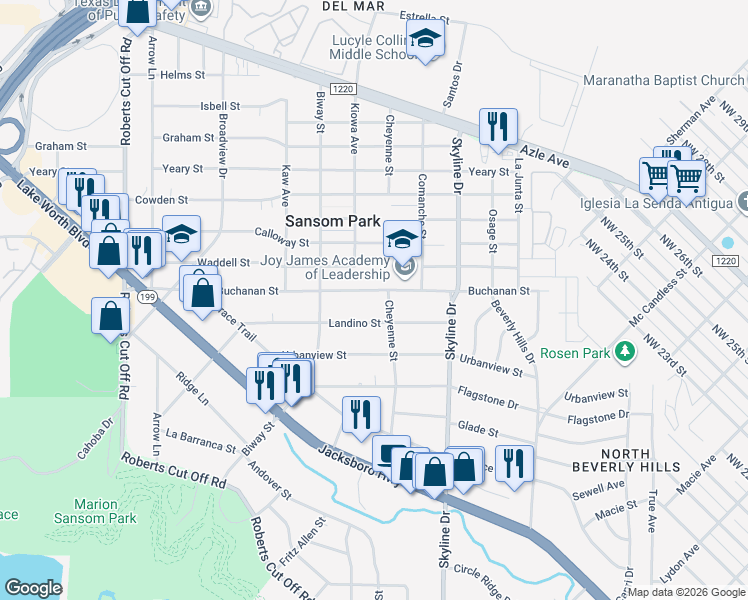 map of restaurants, bars, coffee shops, grocery stores, and more near 5401 Buchanan Street in Fort Worth