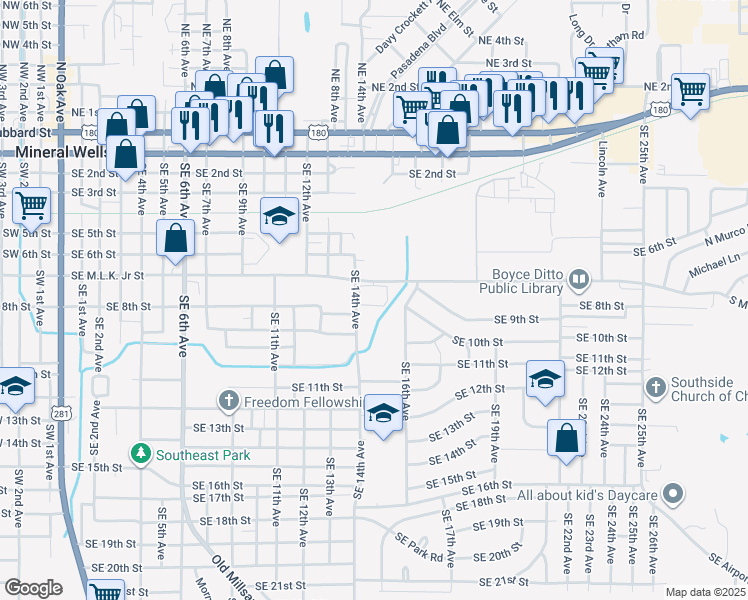 map of restaurants, bars, coffee shops, grocery stores, and more near 1647-1501 Southeast Martin Luther King Junior Street in Mineral Wells