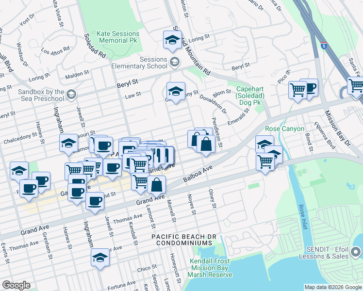 map of restaurants, bars, coffee shops, grocery stores, and more near 2114 Felspar Street in San Diego