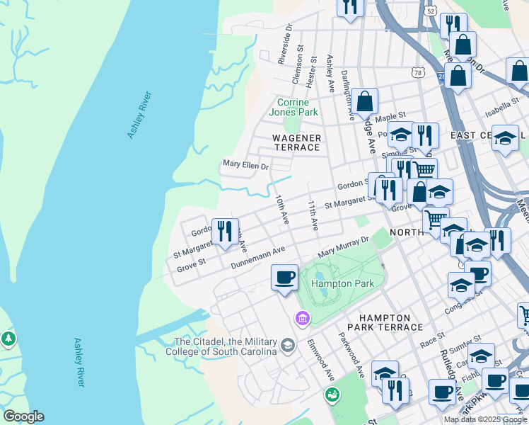 map of restaurants, bars, coffee shops, grocery stores, and more near 147 Gordon Street in Charleston